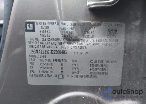 2012 Chevrolet Captiva Sport 2Ls z USA, uszkodzony, nr VIN 3GNAL2EK1CS560485